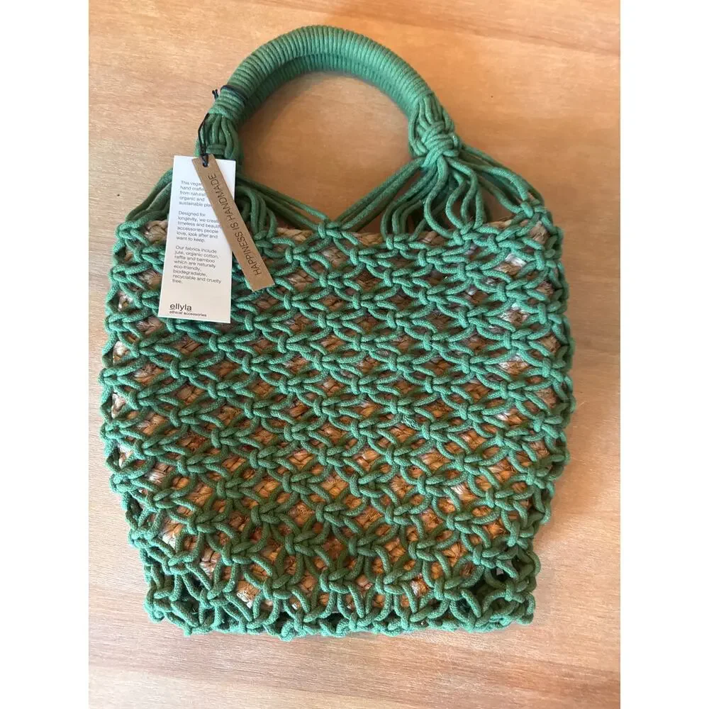 Ellyla Green Jasmine Bucket Macrame Jute Net Tote Bag Sustainable Art to wear
